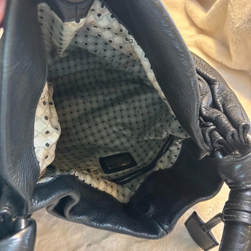 Vintage Furla REHAB Bag Black Leather Hobo Bag braided Trim magnetic snap close